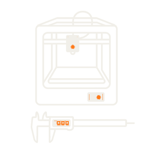 line illustration of a 3D printer and digital calipers
