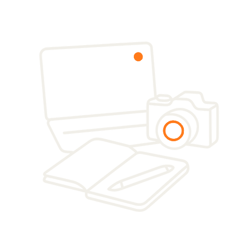 line illustration of a desk scene with laptop, camera, and notebook representing a content creator