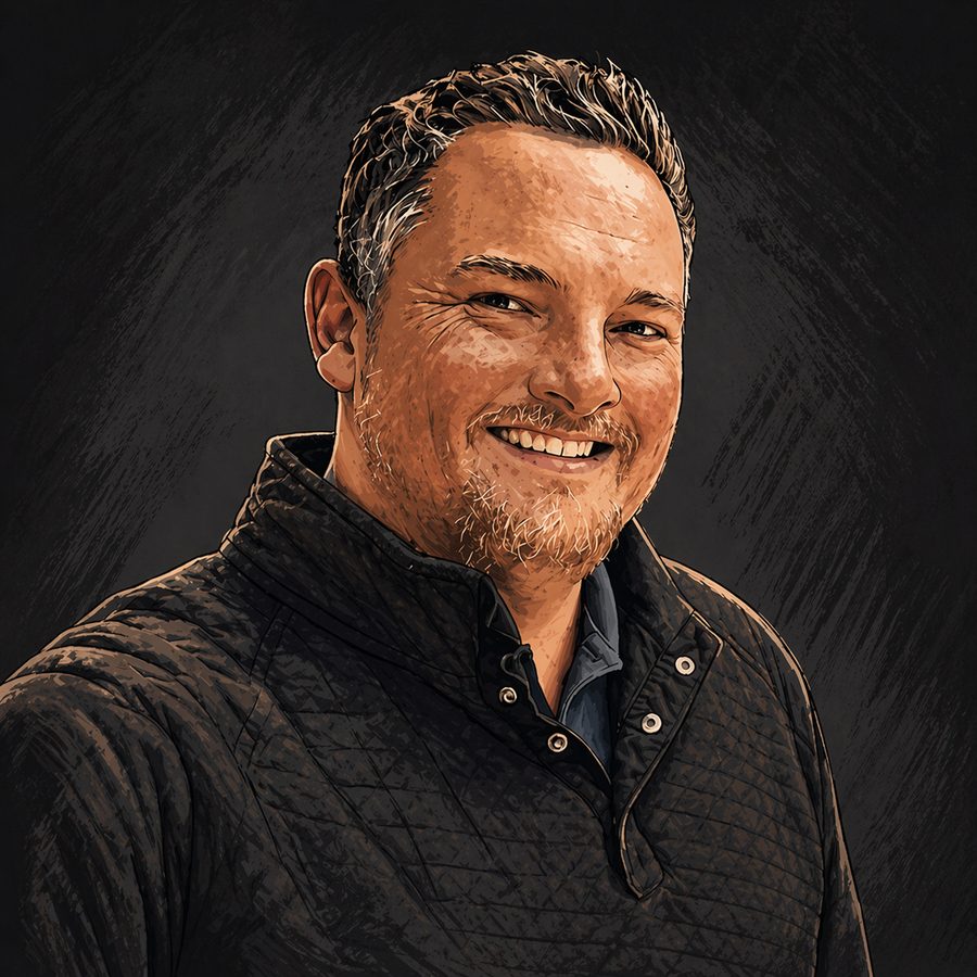 A hand-drawn portrait of Mike smiling