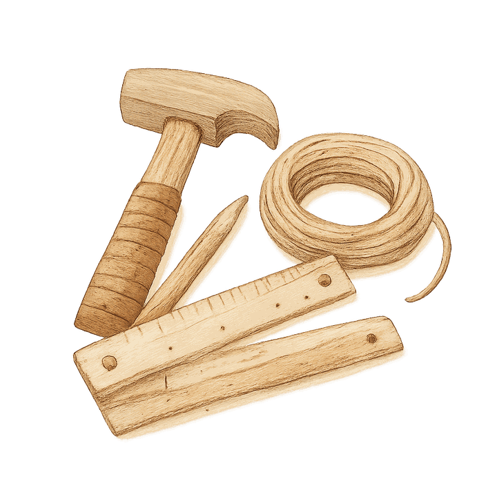 an illustrated maker's workbench with hammer, ruler, pencil, and twine