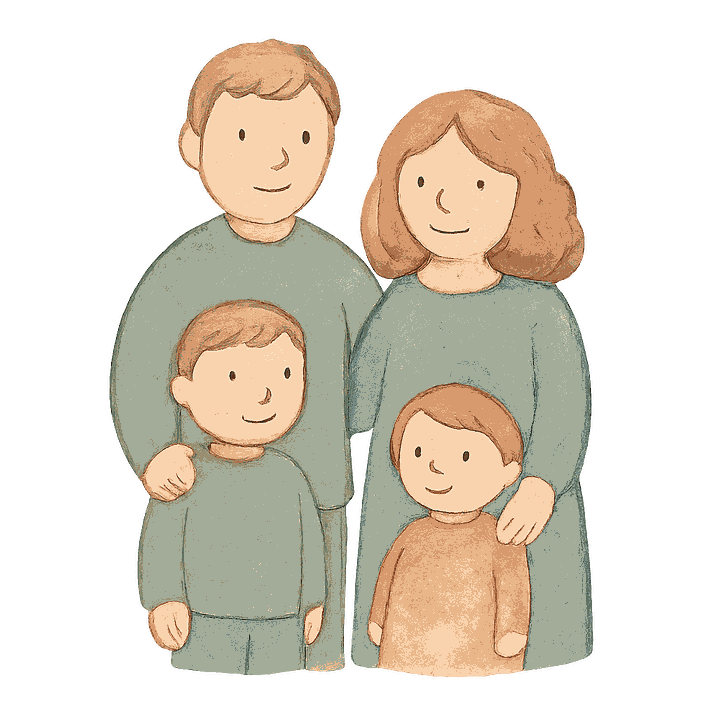 a stylized illustration of a dad with two children